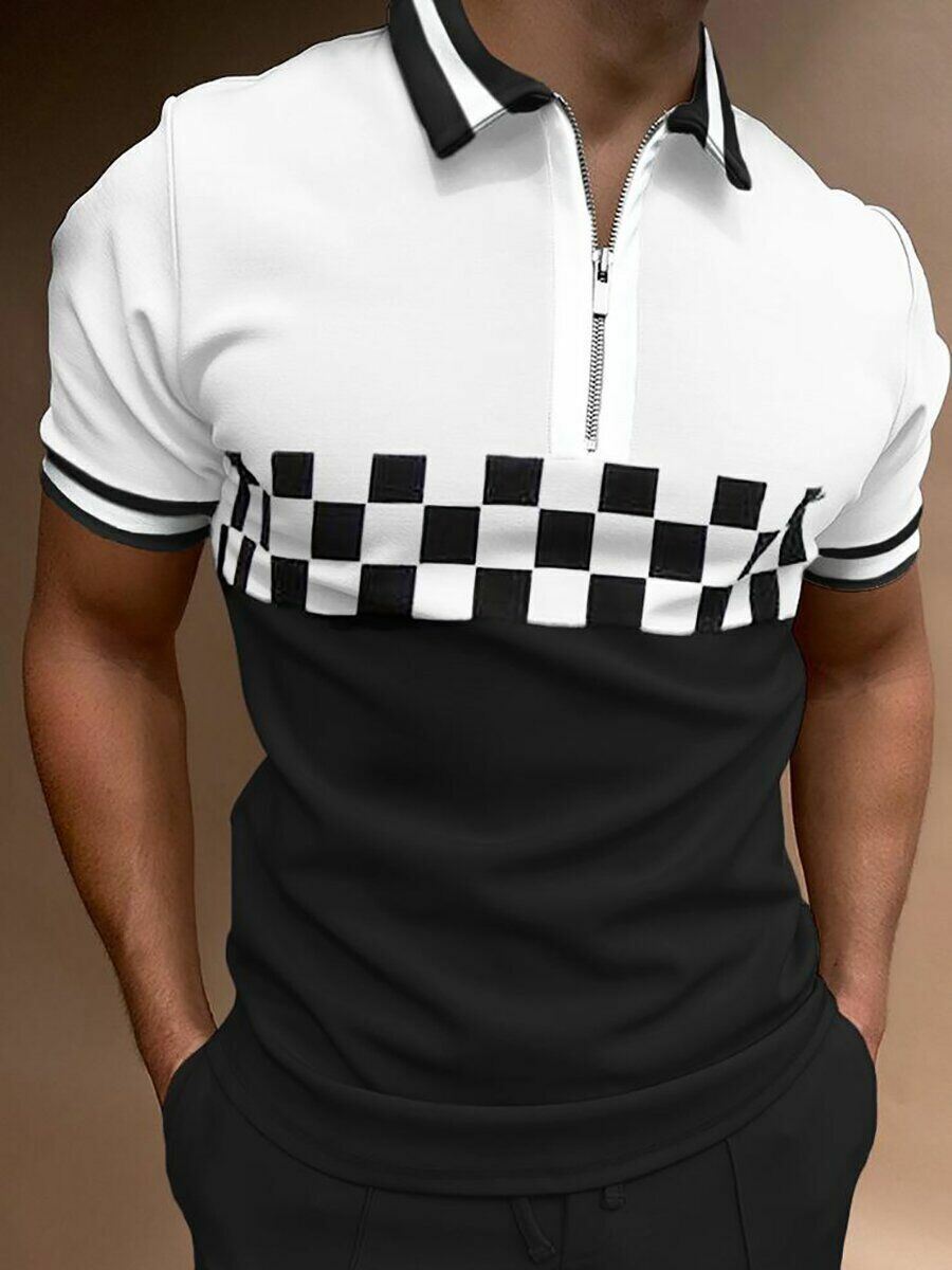 Polo T-Shirt Men Zipper Collar White Black Contrast Checkered Golf Sport Tee Top