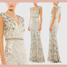 NWT $698 Mac Duggal [ 8 ] 5505 Embellished V Neck Cap Sleeve Sequin Gown J1070