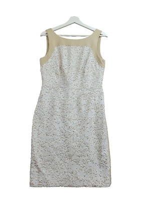 Ann Taylor Pencil Dress Women's 4 White Beige Sequin Stylish Stretch Back Zip