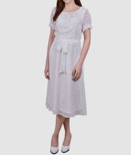 NY Collection Women Ivory Swiss Dot Self-Tie A-Line Dress Pettie Size PL