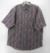 VINTAGE Izod Shirt Men Large Blue Geometric Abstract Button Up Camp Pocket 90s