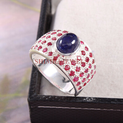 Heated Blue Sapphire & Ruby Gemstone with 925 Sterling Silver Men's Ring #156