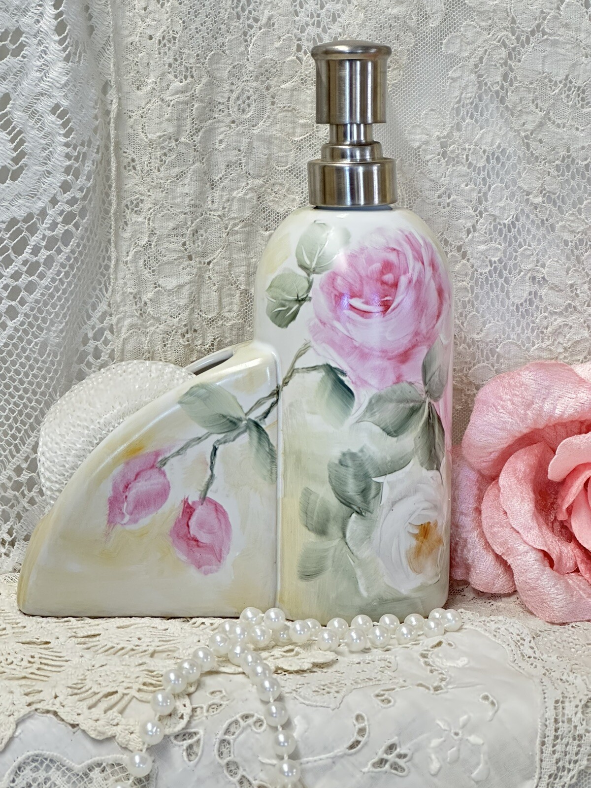 Porcelain soap dispenser sponge holder Pink White Roses Shabby Vintage Style-image
