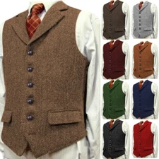 Mens Wool Vest Vintage Western Tweed Herringbone Formal Hunting Vests M Large XL