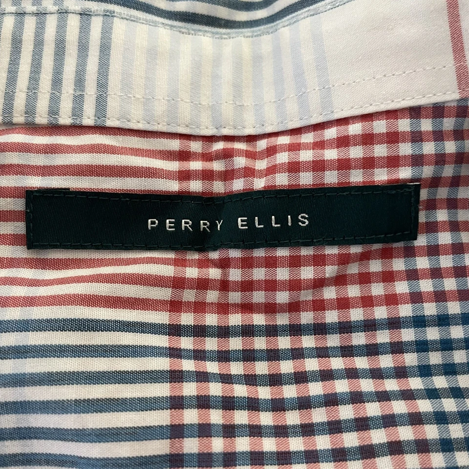 Camisa Perry Ellis Para Hombres XXL Azul Rojo Color Bloque Cuadros Madrás Manga Larga Foto 2 de 4