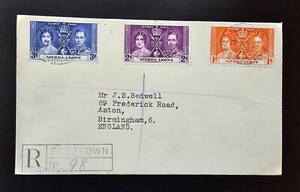 Sierra Leone 1937 KGVI Coronation set on registered Cover 98 BIRMINGHAM England 