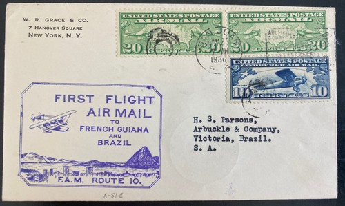 1930 San Juan Puerto Rico First Flight Airmail Cover FFC To Victoria Brazil