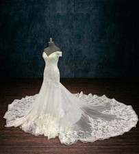 LACE MERMAID WEDDING DRESS OFF THE SHOULDERS SLEEVES LONG TRAIN