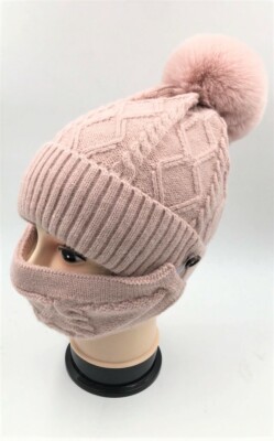 ポム Warm Winter Ski Beanie Hat Knit Fur Braid Woven Rhombus Diamond
