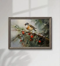 Winter Bird Painting, Winter Christmas Wall Art, Printable Christmas Tree Bird
