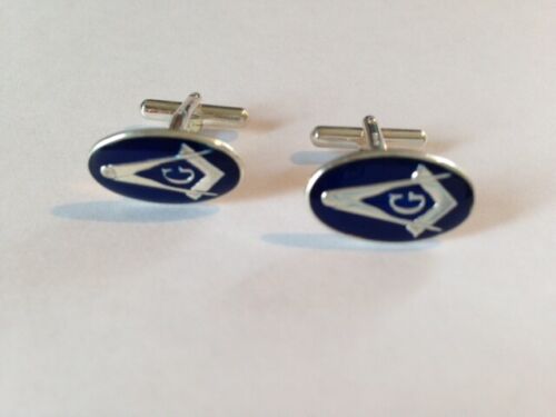 Blue Enamel & Silver Oval Masonic Cufflinks Pillowcases G - Picture 1 of 4