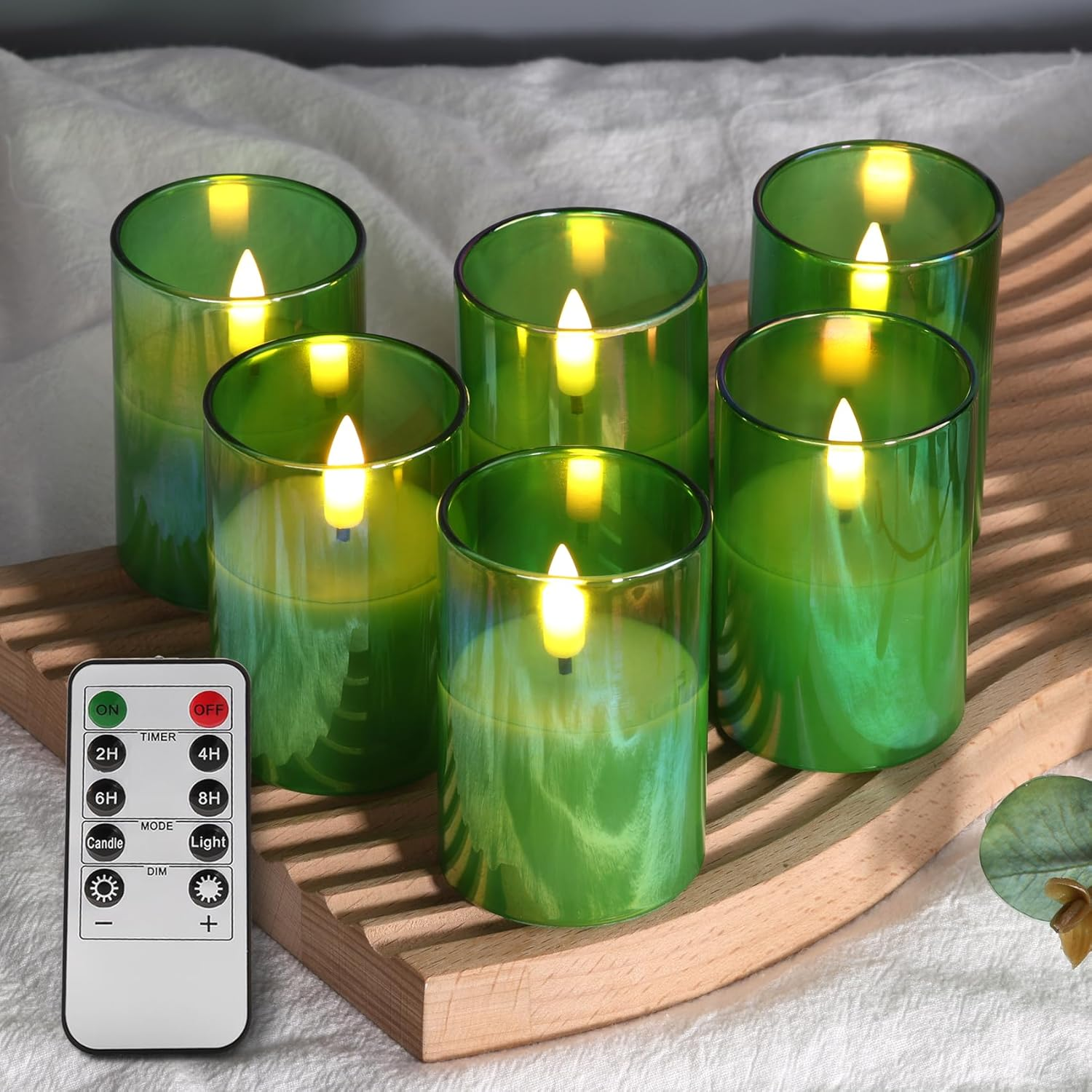 Flameless Green Glass LED Votive Candles with Remote & Real Wax Flicker Effect