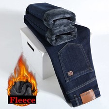 Men Fleece Jeans Casual Slim Straight Denim Trousers Winter Thickened Men Pants
