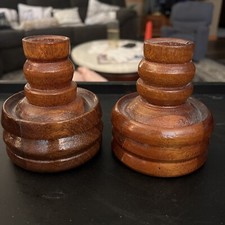 Beautiful Vintage MCM 2 Wooden Hand Turned Chunky Pillar Candle Holders 4.5  Tall