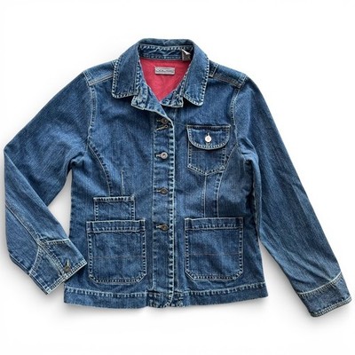 i.e. relaxed Womens Medium Wash Cinch Back Button Front Denim Trucker Jacket Y2K