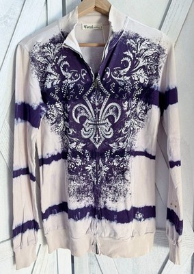 New Vocal Apparel Womens Rhinestone Purple Tie Dye Fleur de Lis Jacket S Small