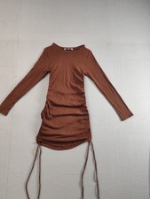 Steve Madden Women Dress M Brown Long Sleeve Ruched Drawstring Bodycon Mini