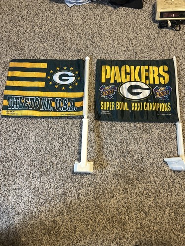 2 Vintage 1997 Green Bay Packers Car Flags Super Bowl XXXI Champion 2 Sided NFL - Picture 4 of 10