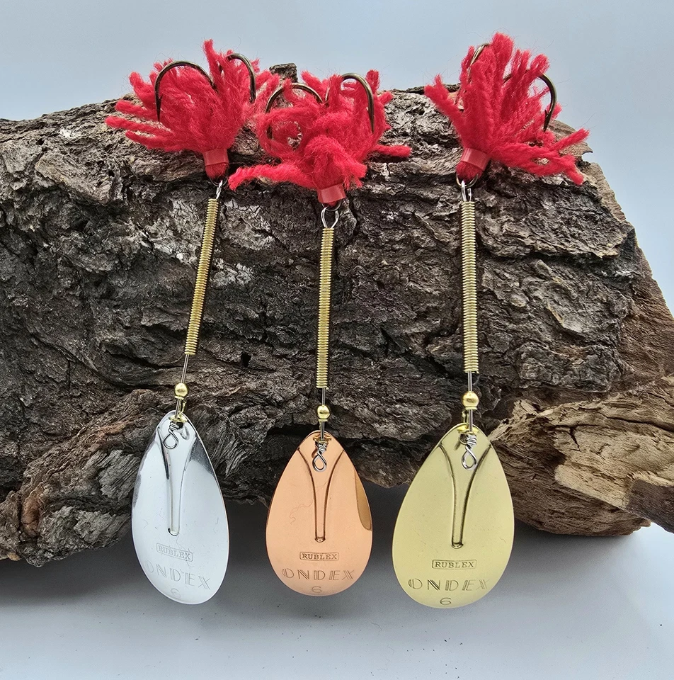 Spinner Rublex Ondex 9,0 g talla 6 VMC Drilling #1 con peluche oro cobre plata