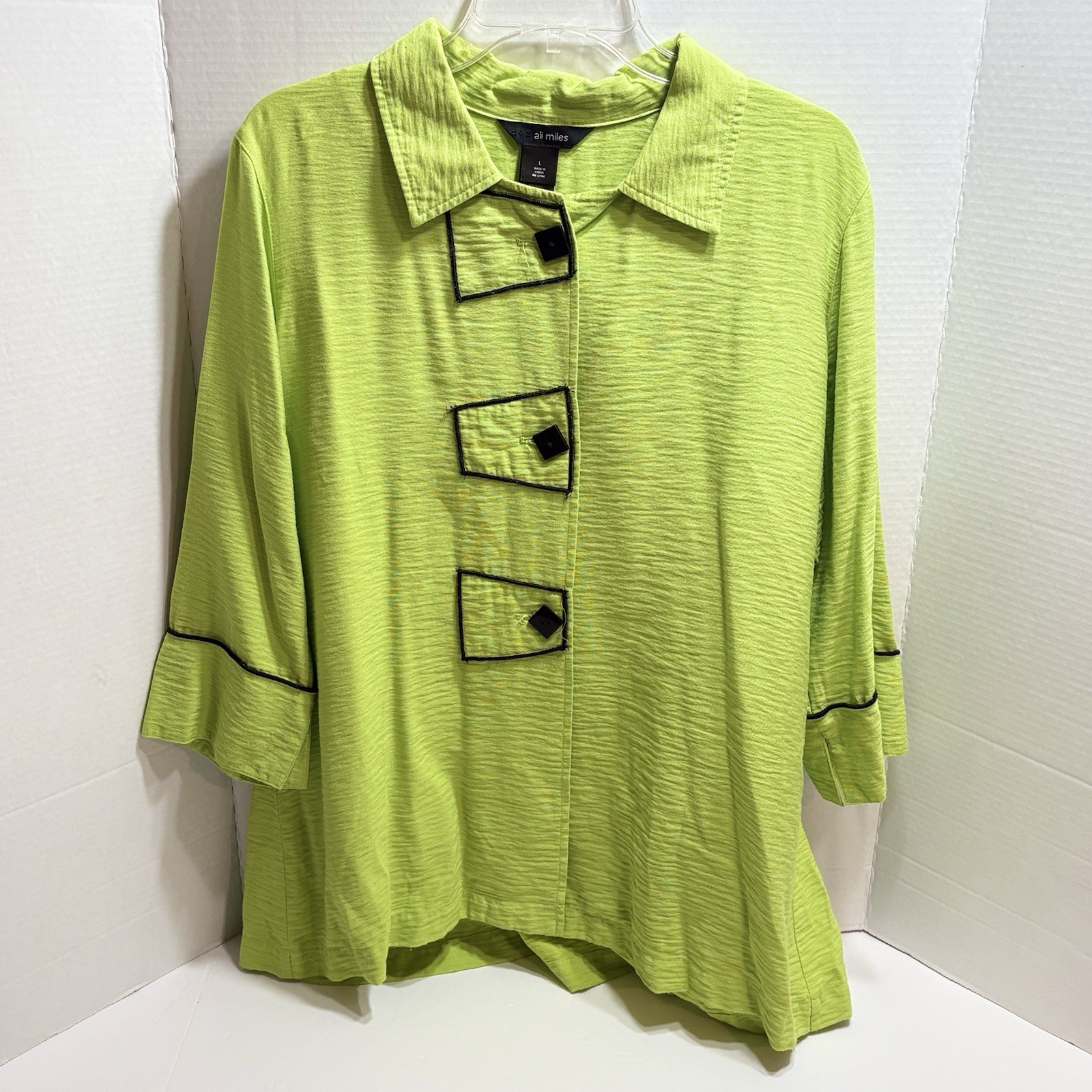 Ali Miles Womens Lime Green Black Button Tunic Blouse Large 3/4 Sleeve