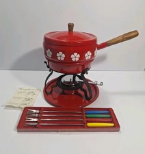 Vintage MCM Imperial Red White Flower Power Enamel Fondue Set  Complete 
