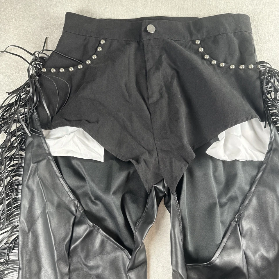 Women's black Pleather fringe motorcycle / equestrian chaps/cutout size large Foto 3 de 4