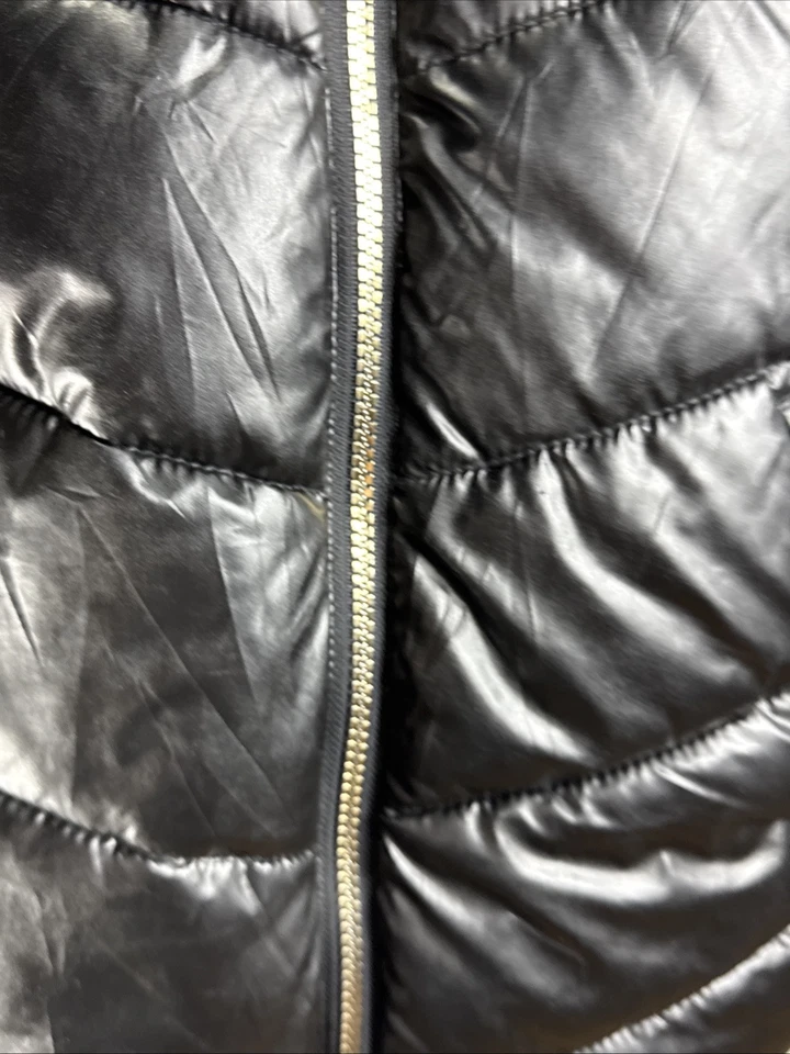 JUICY COUTURE Faux Fur Trim Hooded Black Down/ Feathers Bomber Zip Jacket Sz 14 - Image 2 of 4