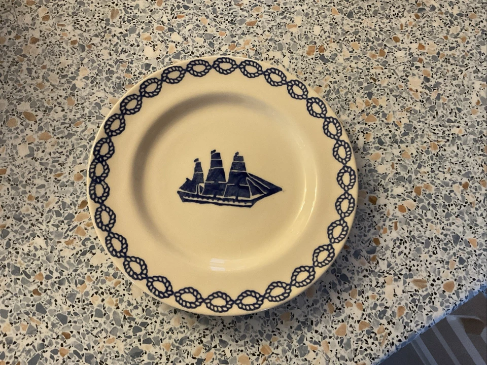 Brixton Pottery Spongeware- ‘Ship’ Design - 7 Inch- Tea Plate- VGC - Image 2 of 3