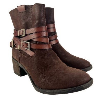 Bull Boxer Women's Triumph Brown Vegan Size 7 Zip Strappy Block Heel Ankle Boots