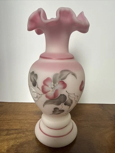 RARE Vintage Fenton Rosalene Satin Floral Hand Painted SIGNED Pink Vase
