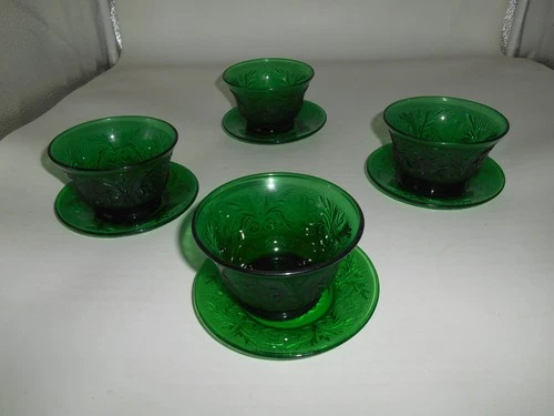 4 Vintage Anchor Hocking Forest Green Sandwich Custard Cups w/ 4.5"  Liners