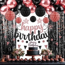 Birthday Party Decorations Set - Rose Gold Black Balloons Banner Foil Curtains