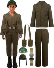 6 PCS Kids WW2 Soldier Army Green Costume Set Boys Unisex Cosplay 11-12Y NEW 