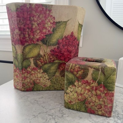 Hydrangea Motif  Decoupage  Wood Waste Basket & Matching Tissue Box Cover