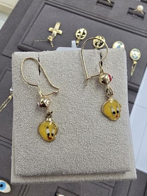 Baby Kinder 14k massives Gold Tweety baumelnde Ohrringe kommt mit Geschenkbox neu süß