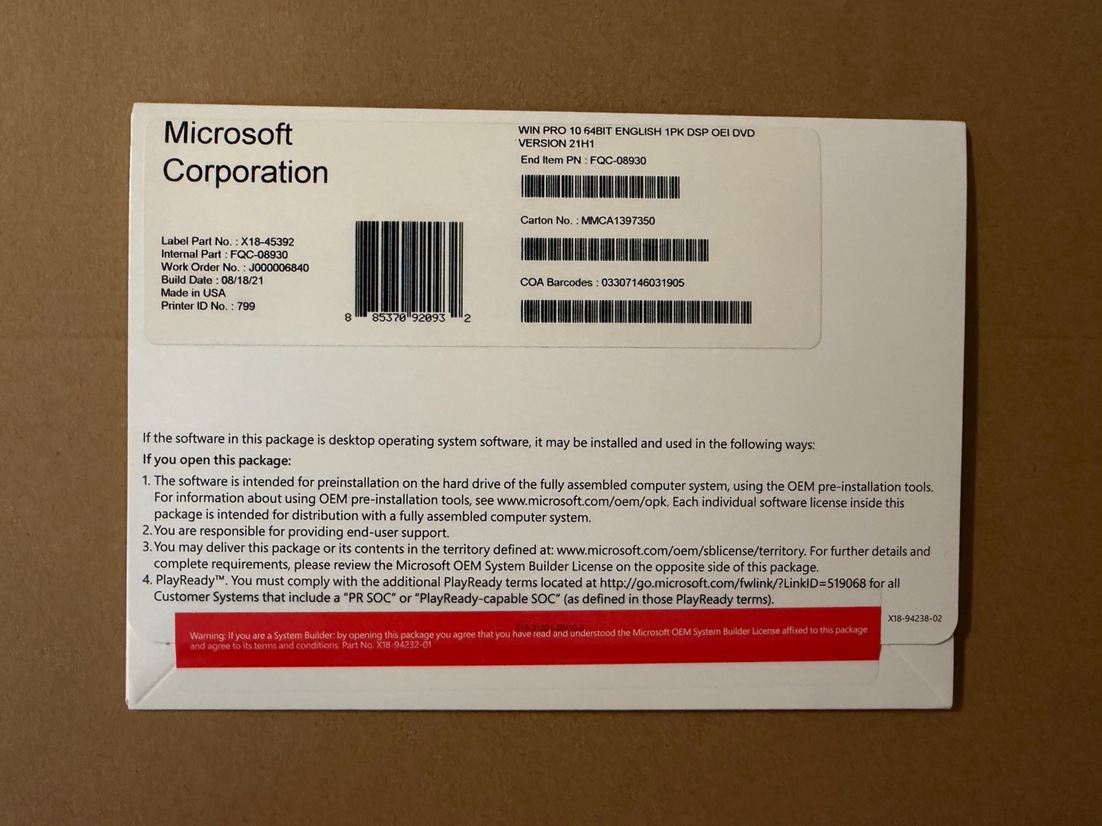 Win PRO 10 Home 64bit DVD w/ Product Key-New Factory Sealed made in USA, V-21H1