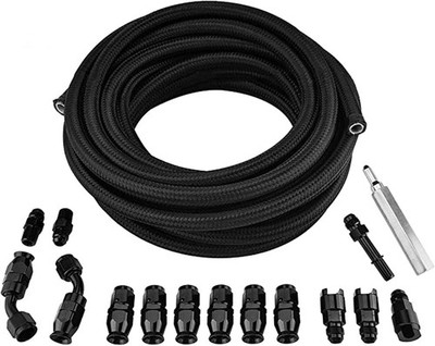 6AN 3/8'' PTFE LS Swap EFI Fuel Line Fitting Kit 25FT Nylon Braide E85 Fuel Hose