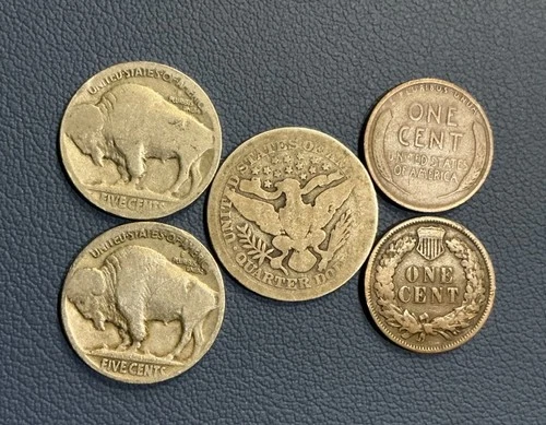 U.S Coins - 1898 Barber Quarter - Indian Head Cent, Wheat Cent, 2 Buffalo Nickel