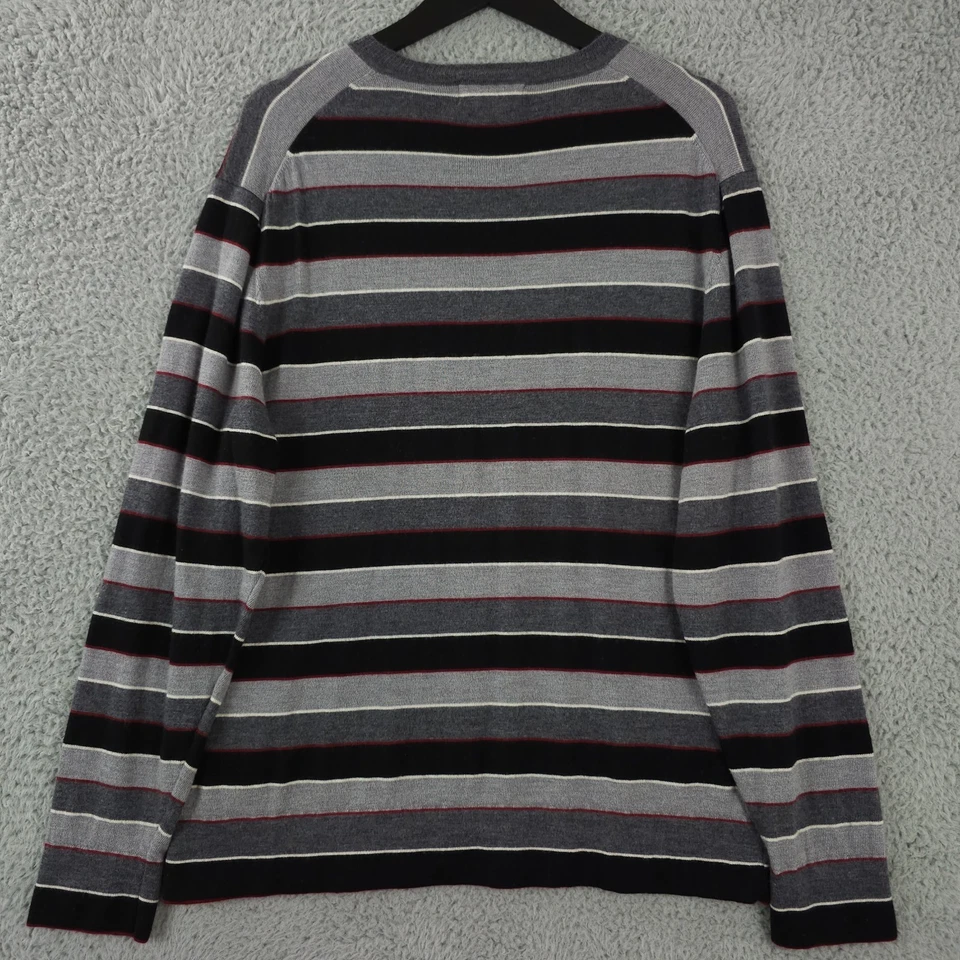 Paul Fredrick Sweater Mens Large Gray Red Striped V Neck Extra Fine Merino Wool - Image 2 of 4
