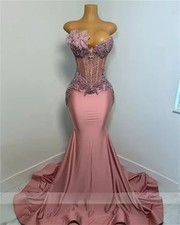 Pink Mermaid Prom Dresses Sparkly Beaded Crystal Gems 3D Flowers Party Gowns