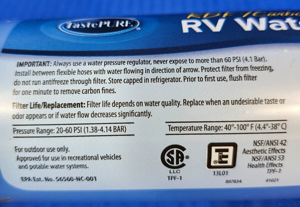 Camco RV Camper Water Filter Taste Pure KDF Carbon Marine Filter New Sealed - Image 3 of 4