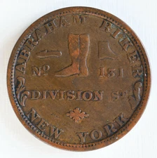 1837 Abraham Riker Boot Shoes HT-305 NYC Hard Times Token No. 131 Division St