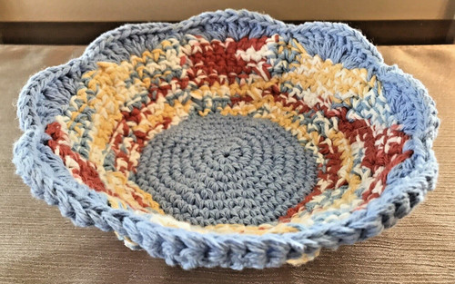 Hand Crocheted Small Round Basket Blue Rust Gold 7"x2.5" Scalloped Edge