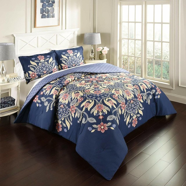3 Piece Navy Blue Pink Floral Themed Full Queen Comforter Set Yellow Bohemian