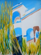 Garden View home hiding behind plants bright colorful impressionistic 12x16 acrl