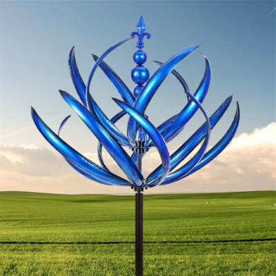 Outdoor Yard Blue Lawn Garden Decor Kinetic Wind Spinner Metal Sculpture