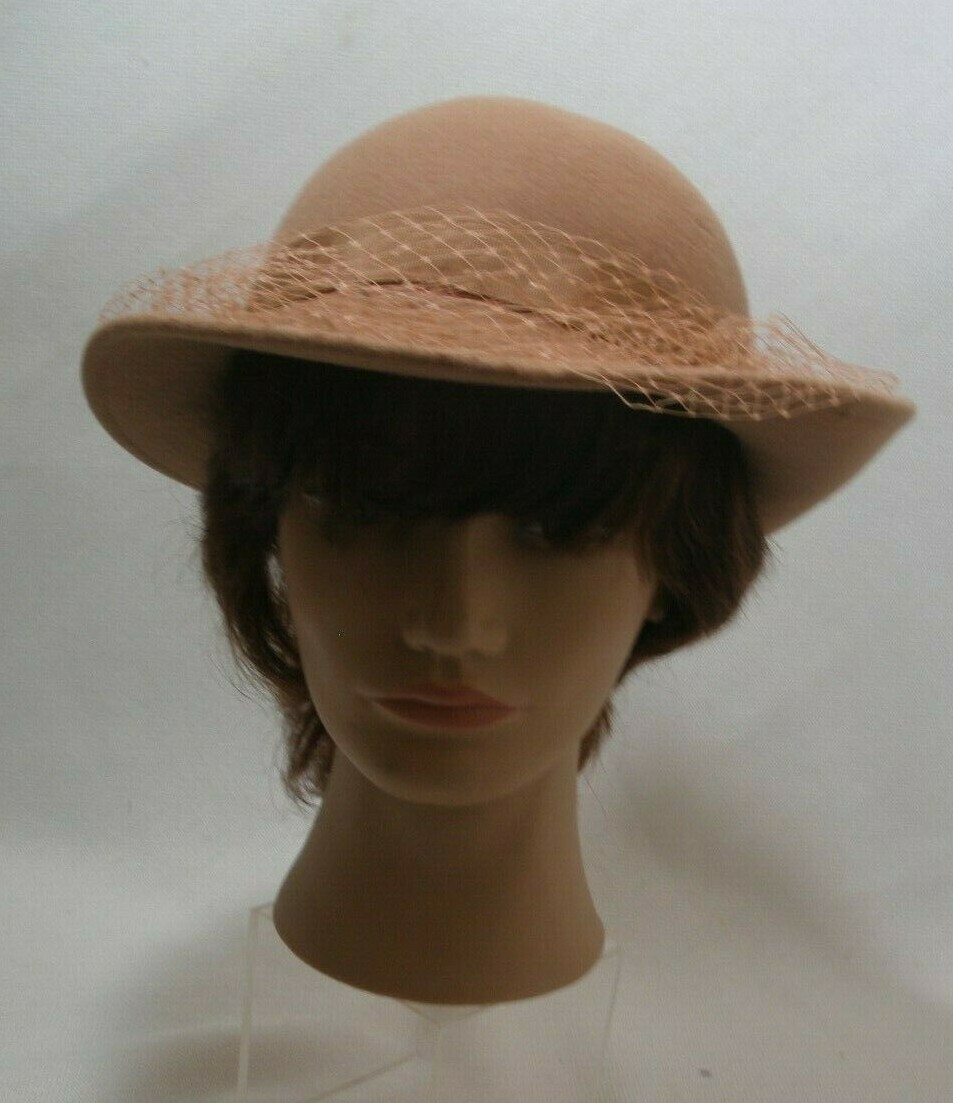 Ruth Alan Vintage Hat 1940's Bowler Hats Tan Wool Attached Net Ribbon Band