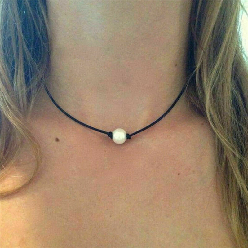 Pearl on leather shop cord choker