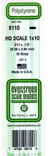 Evergreen 8110 Styrene Strip HO Scale 1 x 10" 14" Long pkg (10)