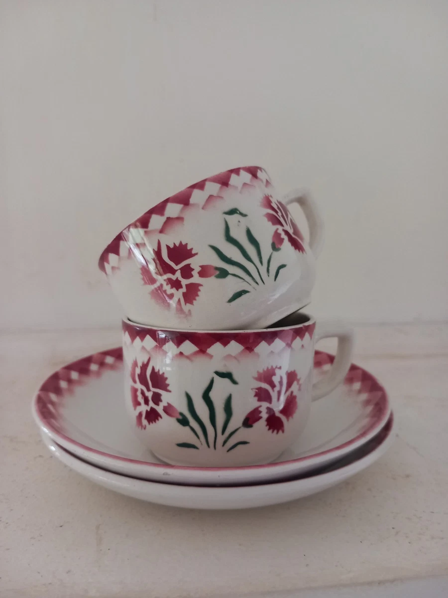 2 GRANDES tasses & soucoupes à thé, déjeuner en faïence de Gien décor floral EUR 30,00 - FR